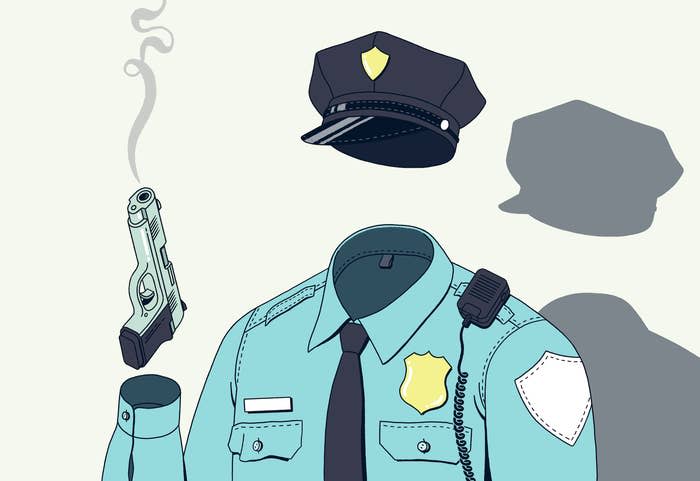 An illustration of a police officer's hat and uniform, holding a smoking gun in the place of where a person should be. There is no hand or head, and a shadow behind the uniform shows a floating hat