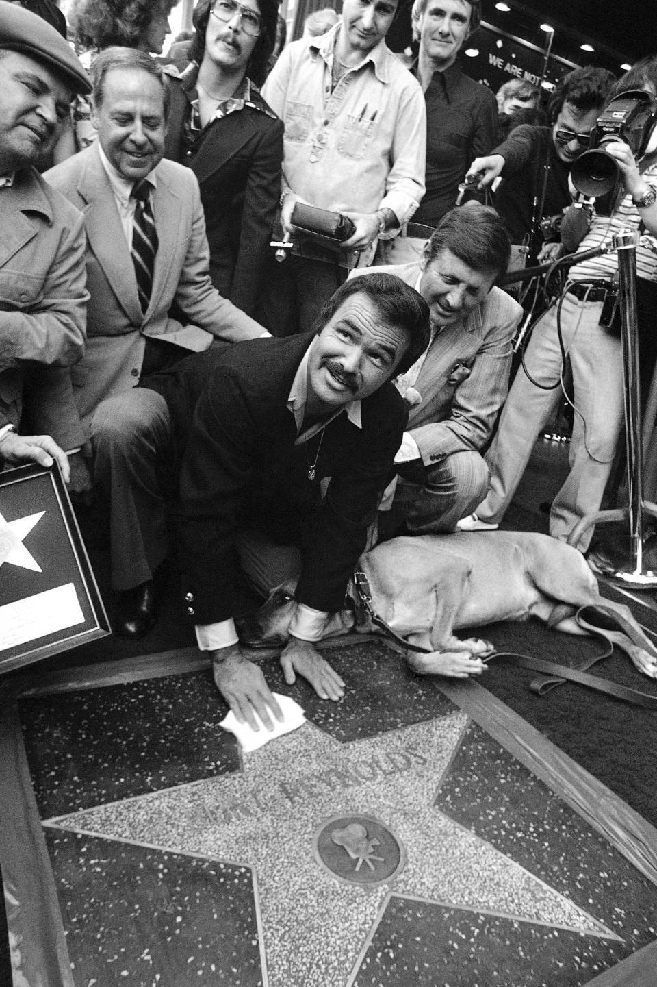 En esta foto del 15 de marzo de 1978, Burt Reynolds pule su flamante estrella en el Paseo de la Fama de Hollywood, en Los Angeles. Reynolds, quien actuó en pelíuclas que incluyen "Deliverance", "Boogie Nights" y "Smokey and the Bandit", falleció, informó su agente. Tenía 82 años. (AP Foto/Archivo)