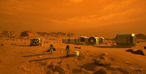 <span class="caption">Artist's concept of astronauts and human habitats on Mars</span> <span class="attribution"><a class="link " href="https://www.jpl.nasa.gov/spaceimages/details.php?id=PIA23302" rel="nofollow noopener" target="_blank" data-ylk="slk:NASA;elm:context_link;itc:0;sec:content-canvas">NASA</a></span>