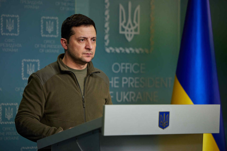 Ukrainian President Volodymyr Zelenskyy holds a press conference on Russia's military operation in Ukraine, in Kyiv.
