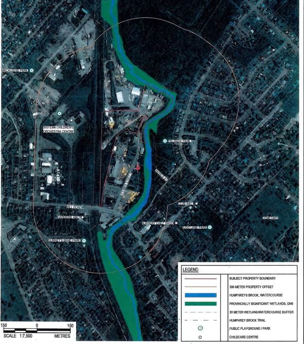 Austin's letter included this map, showing the proximity of the Moncton AIM scrapyard to residential areas and a river.