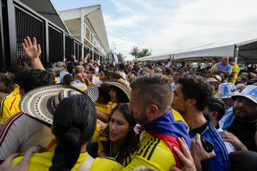 Hinchas aguardan por ingresar a la final de la Copa América entre Argentina y Colombia en Miami Gardens, Florida, el domingo 14 de julio de 2024. (AP Foto/Lynne Sladky)