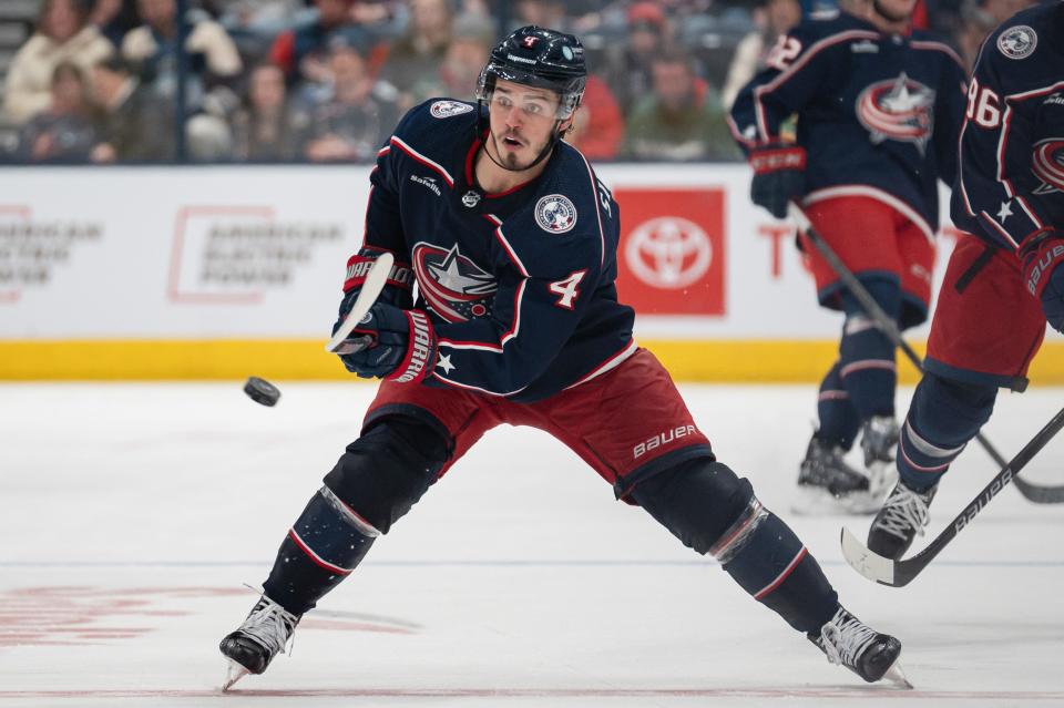 Jan 6, 2024; Columbus, Ohio, USA;
Columbus Blue Jackets center Cole Sillinger (4) passes the puck down the ice during the third period of their game against the Minnesota Wild on Saturday, Jan. 6, 2024 at Nationwide Arena.