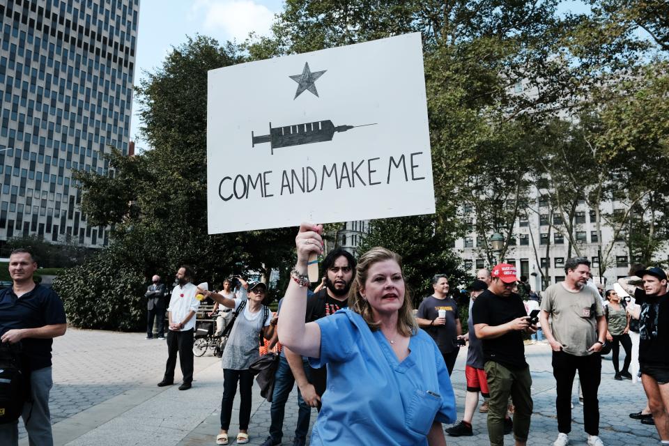 Demonstrators rally against COVID-19 vaccine mandates Sept. 13 in New York City.