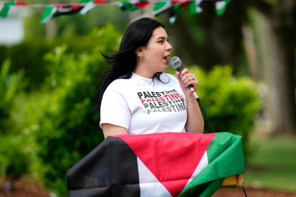Abire Sabbagh, a Rutgers Ph.D student and staffer at the Palestinian American Community Center, at a flag raising on Sunday, June 4, 2023.
