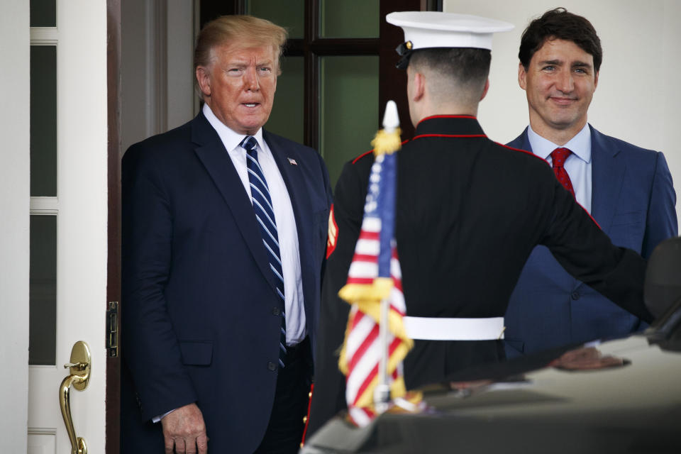 President Donald Trump says goodbye to Canadian Prime Minister Justin Trudeau, right, at the West Wing of the White House, Thursday June 20, 2019, after their meeting in Washington. (AP Photo/Jacquelyn Martin)
