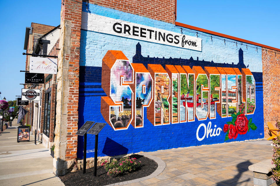 A mural that says, “Greetings from Springfield Ohio” in downtown Springfield. (Samantha Madar / Columbus Dispatch / USA Today Network via Reuters)