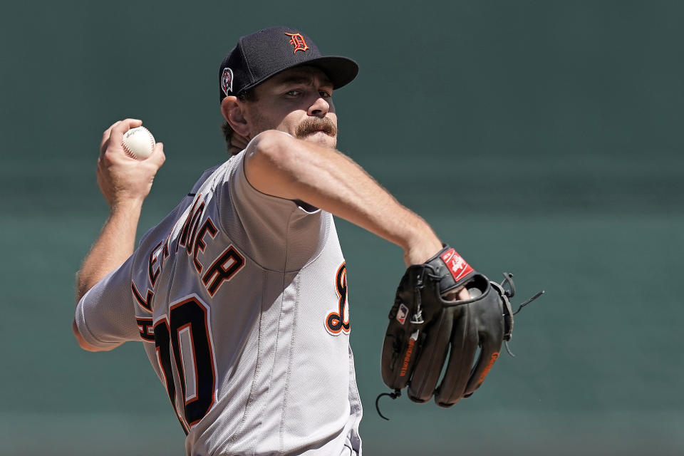 Detroit Tigers starting pitcher Tyler Alexander throws during the first inning of a baseball game against the Kansas City Royals Sunday, Sept. 11, 2022, in Kansas City, Mo. (AP Photo/Charlie Riedel)