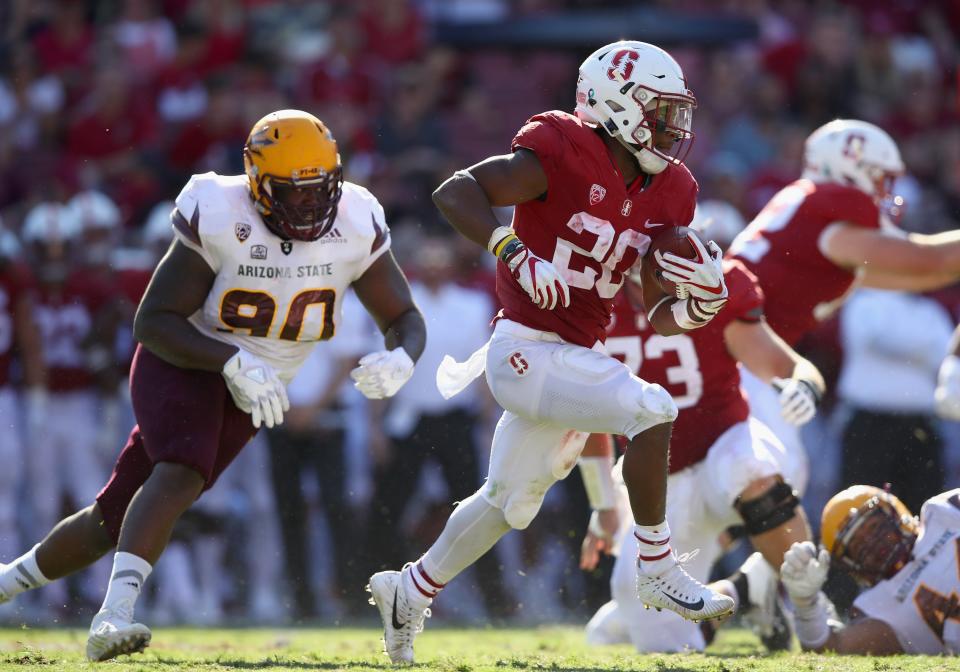 PALO ALTO, CA – SEPTEMBER 30: Bryce Love #20 of the Stanford Cardinal runs with the ball against the Arizona State Sun Devils at Stanford Stadium on September 30, 2017 in Palo Alto, California. (Photo by Ezra Shaw/Getty Images)