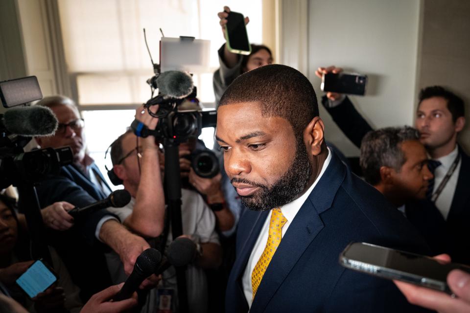 Rep. Byron Donalds (R-FL) speaks to members of the press as House lawmakers seek to elect a new speaker in Washington on Oct. 24, 2023.