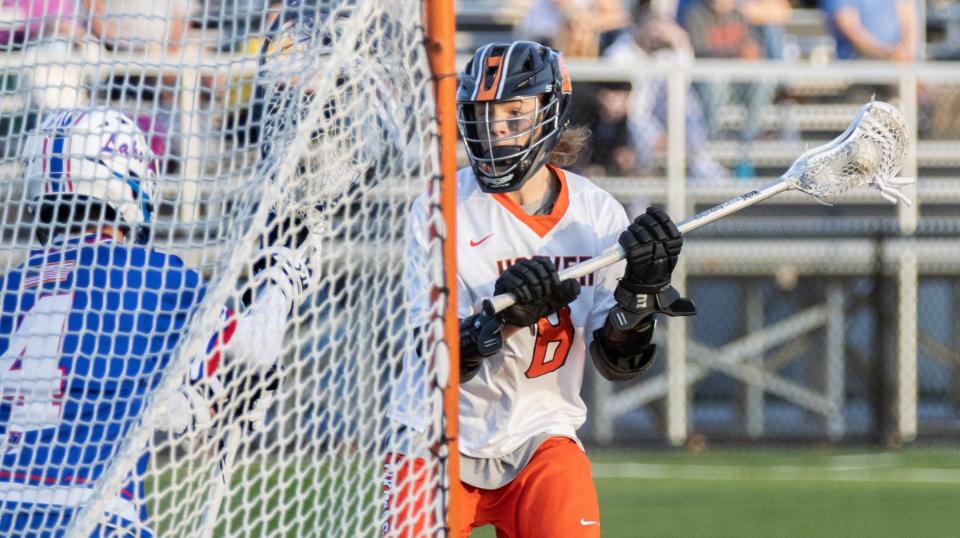 Hoover’s Sean Kavanagh takes a shot on goal during their game against Lake on Tuesday, April 6, 2021. (Special to The Canton Repository / Bob Rossiter)