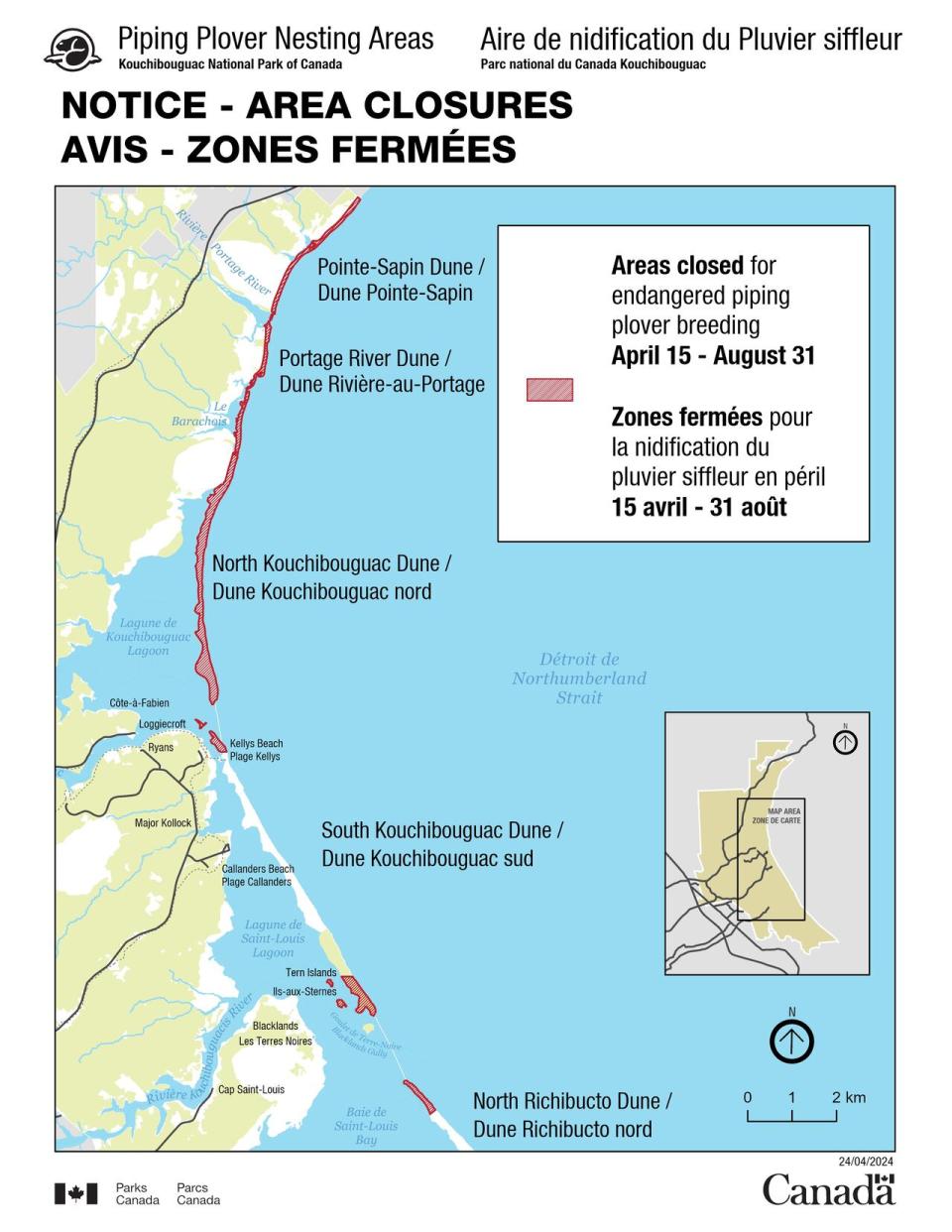 A map shows the regions of Kouchibouguac National Park that are closed for piping plover breeding season.