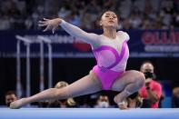 Sunisa Lee competes on the floor exercise during the U.S. Gymnastics Championships, Friday, June 4, 2021, in Fort Worth, Texas. (AP Photo/Tony Gutierrez)