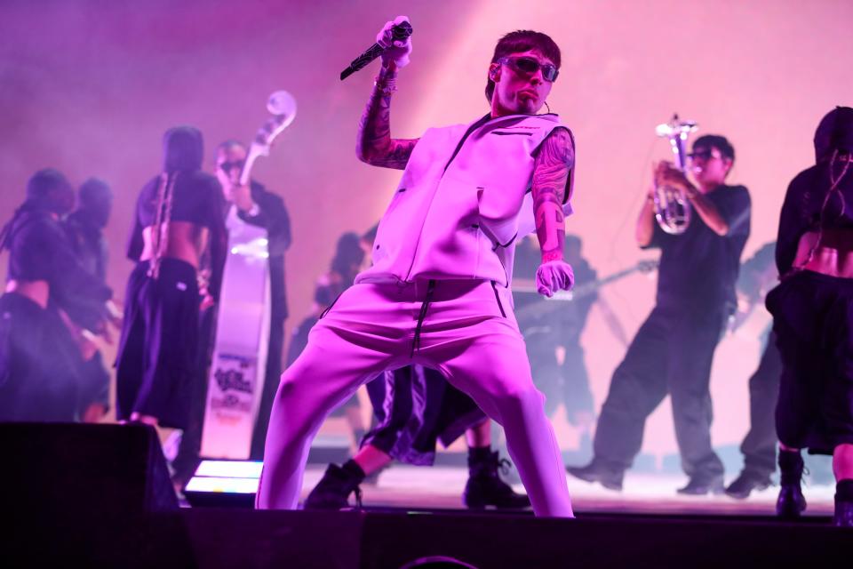 Peso Pluma performs on the Coachella Stage during the Coachella Music and Arts Festival in Indio, Calif., on Friday, April 12, 2024.