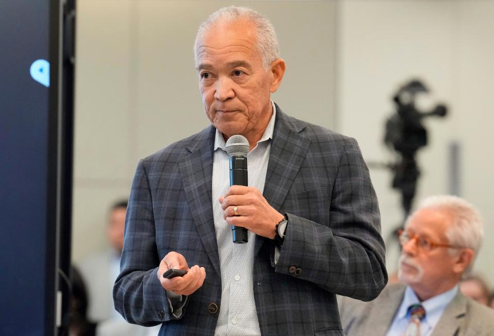 Houston Independent School District Superintenden Mike Miles speaks during his presentation at the budget workshop of the school board meeting on Thursday, June 15, 2023, at Hattie Mae White Educational Support Center, in Houston. (Yi-Chin Lee/Houston Chronicle via AP)