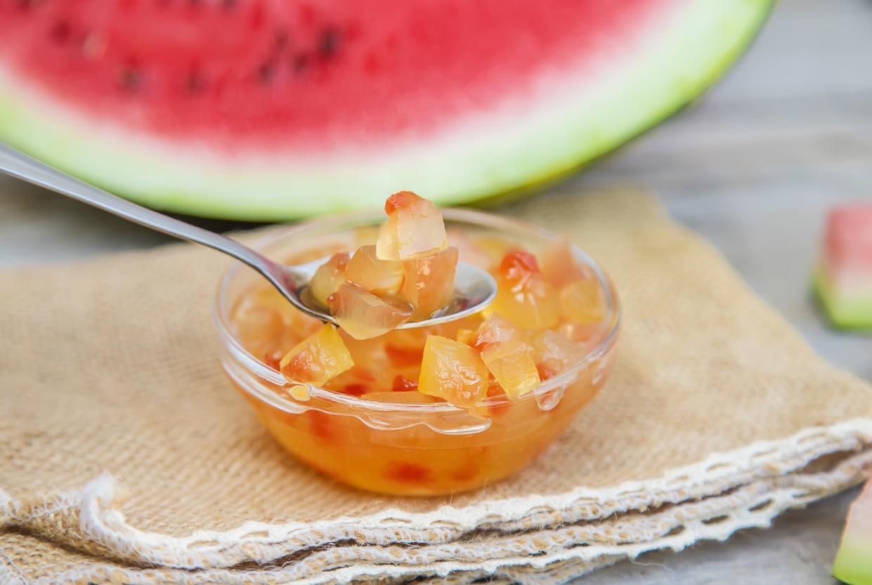 Watermelon peel jam in jars. Selective focus. nature