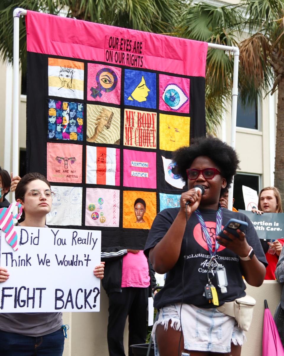 Abortion rights protesters gather around the stairs of the Florida Supreme Court to condemn a leaked ruling that suggests the U.S. Supreme Court may be poised to overturn the landmark Roe V. Wade decision. The protest drew multiple speakers ranging from Florida State students to local officials speaking to the crowd of about 300.