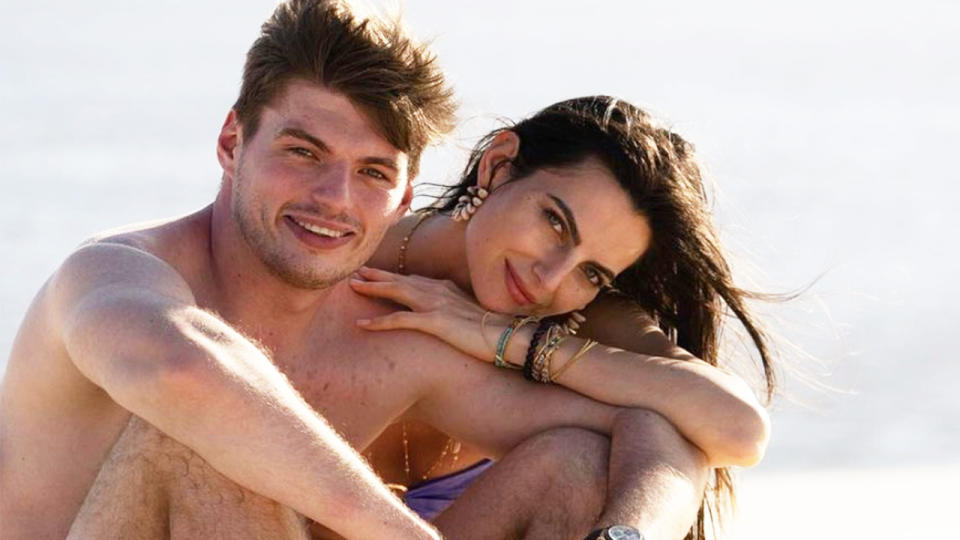 Red Bull driver Max Verstappen (pictured left) on the beach with model Kelly Piquet (pictured right).