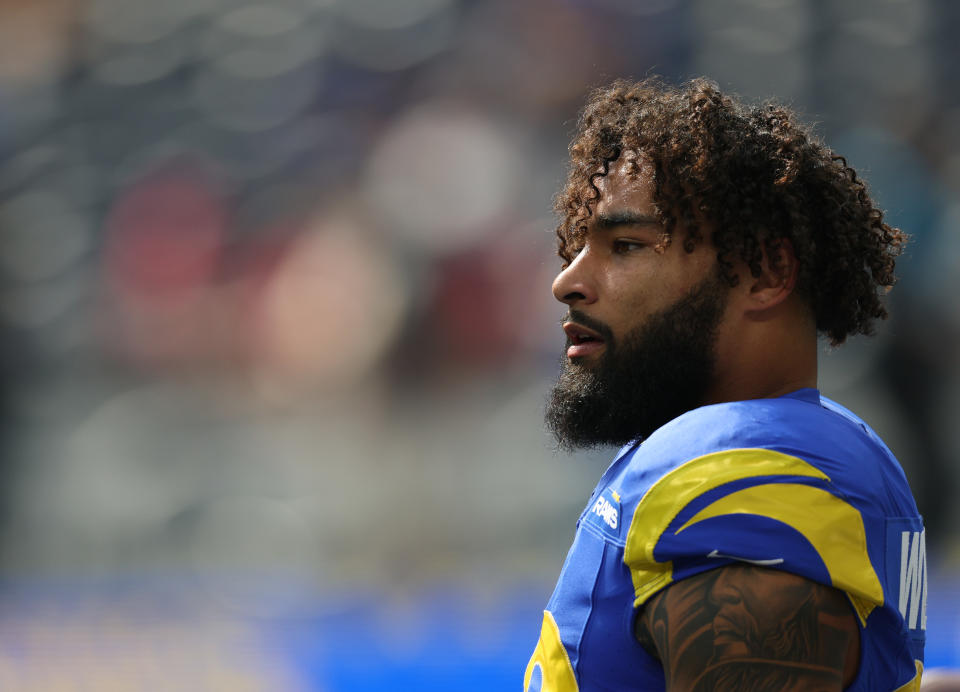 INGLEWOOD, CALIFORNIA - OCTOBER 15: Kyren Williams #23 of the Los Angeles Rams during warm up before the game against the Arizona Cardinals at SoFi Stadium on October 15, 2023 in Inglewood, California. (Photo by Harry How/Getty Images)