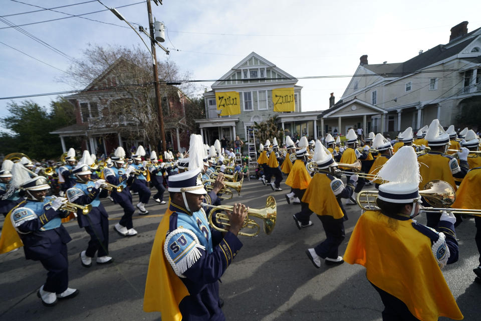 The Southern University Marching Band performs during the traditional Krewe of Zulu Parade on Mardi Gras Day in New Orleans, Tuesday, Feb. 21, 2023. (AP Photo/Gerald Herbert)