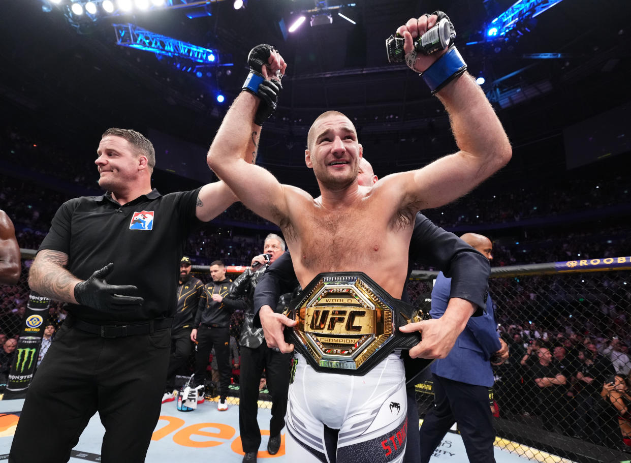 SYDNEY, AUSTRALIA - SEPTEMBER 10: Sean Strickland reacts after a unanimous-decision victory over Israel Adesanya of Nigeria in the UFC middleweight championship fight during the UFC 293 event at Qudos Bank Arena on September 10, 2023 in Sydney, Australia. (Photo by Chris Unger/Zuffa LLC via Getty Images)