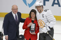 Boston Bruins forward David Pastrnak (88) is named the most valuable player of the NHL hockey All Star games Saturday, Jan. 25, 2020, in St. Louis. (AP Photo/Scott Kane)