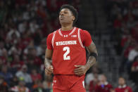 Wisconsin guard AJ Storr reacts after missing a shot during the first half of an NCAA college basketball game against Illinois in the championship of the Big Ten Conference tournament, Sunday, March 17, 2024, in Minneapolis. (AP Photo/Abbie Parr)
