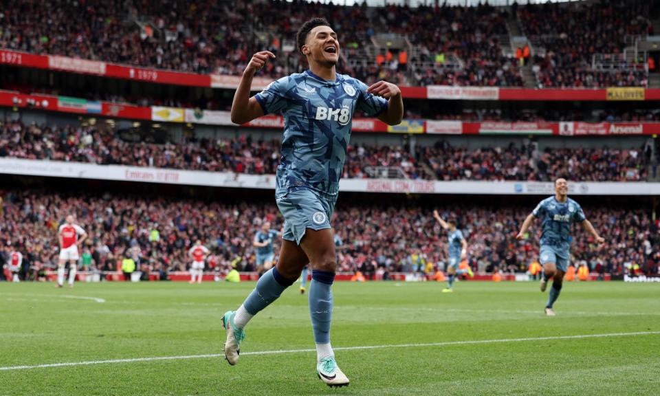 <span>Ollie Watkins celebrates scoring Aston Villa’s second goal after 87 minutes.</span><span>Photograph: David Klein/Reuters</span>