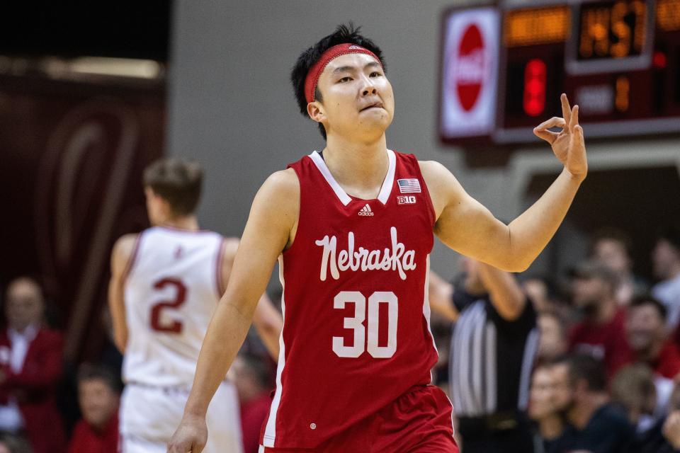 Feb 21, 2024; Bloomington, Indiana, USA; Nebraska Cornhuskers guard Keisei Tominaga (30) reacts to a basket in the first half against the Indiana Hoosiers at Simon Skjodt Assembly Hall. Mandatory Credit: Trevor Ruszkowski-USA TODAY Sports