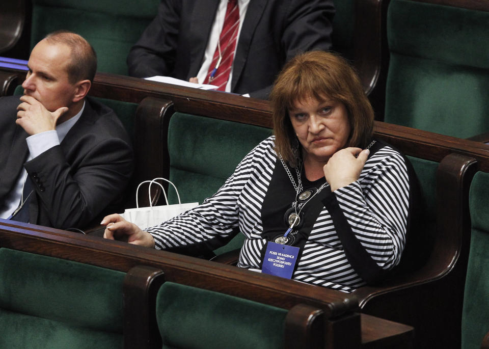 Anna Grodzka, Poland's first transgender lawmaker, attends an introductory session of the Polish parliament for newly elected lawmakers in Warsaw on Oct. 24, 2011.