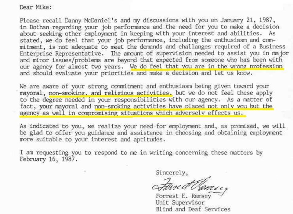 A letter to Mike Sawyer from Feb. 10, 1987, requesting that the then-Midland City mayor resign from his position with the Alabama Department of Education, at least partially because of Sawyer's efforts to enforce state laws against selling tobacco to juveniles.