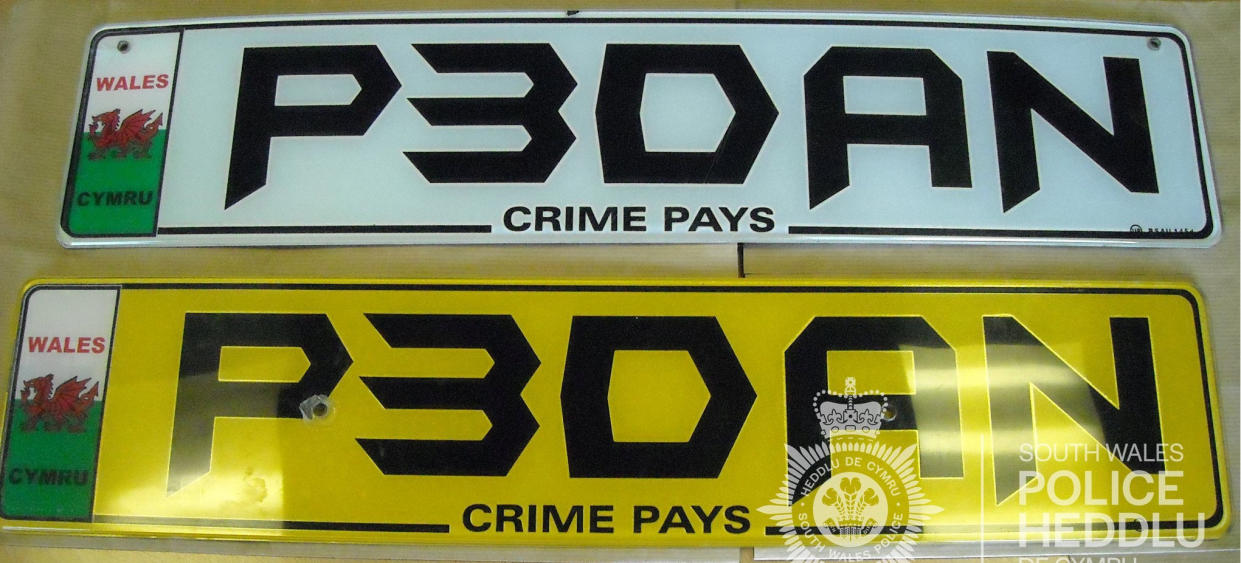 One of the gang previously drove a car bearing this 'Crime Pays' registration plate. (SWNS)