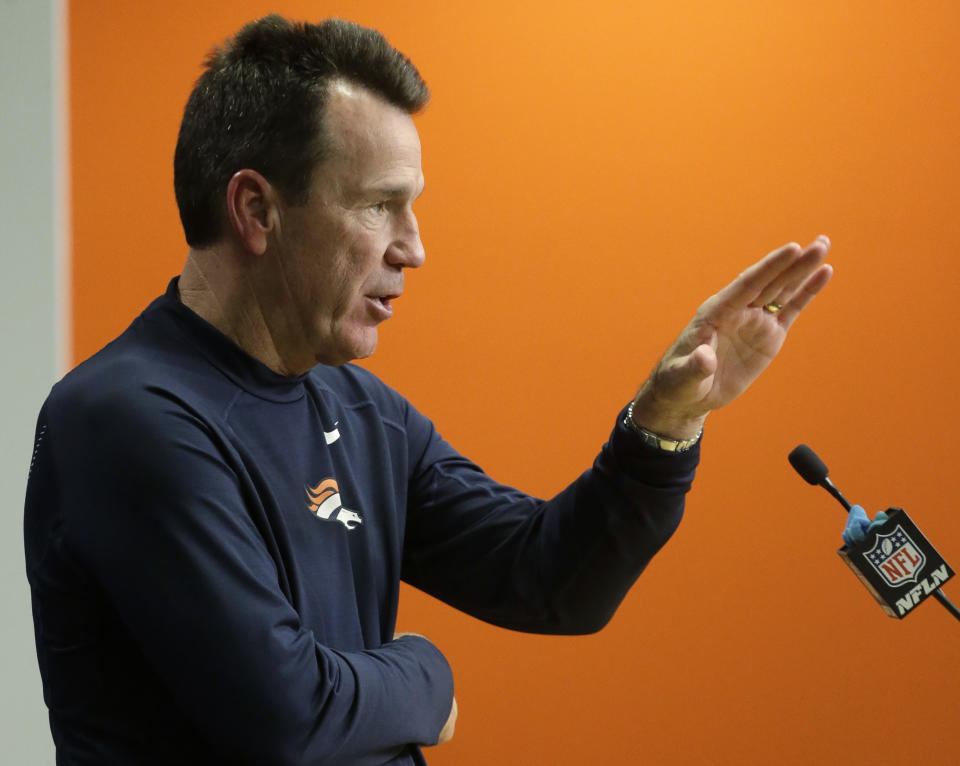 Denver Broncos coach Gary Kubiak talks to reporters after the Broncos defeated the Oakland Raiders 24-6 in an NFL football game Sunday, Jan. 1, 2017, in Denver. (AP Photo/Jack Dempsey)