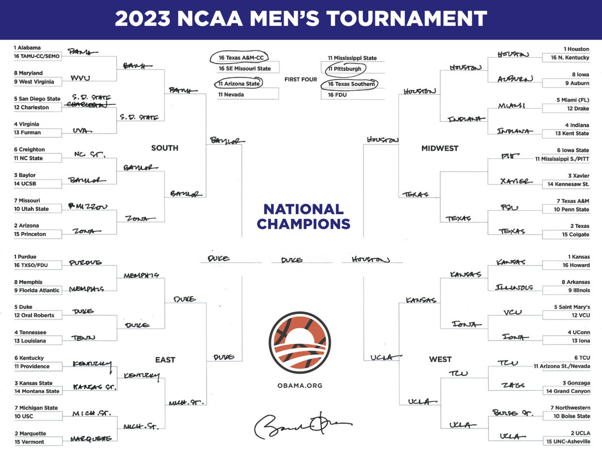Barack Obama's 2023 men's March Madness bracket. (Via the Obama Foundation)