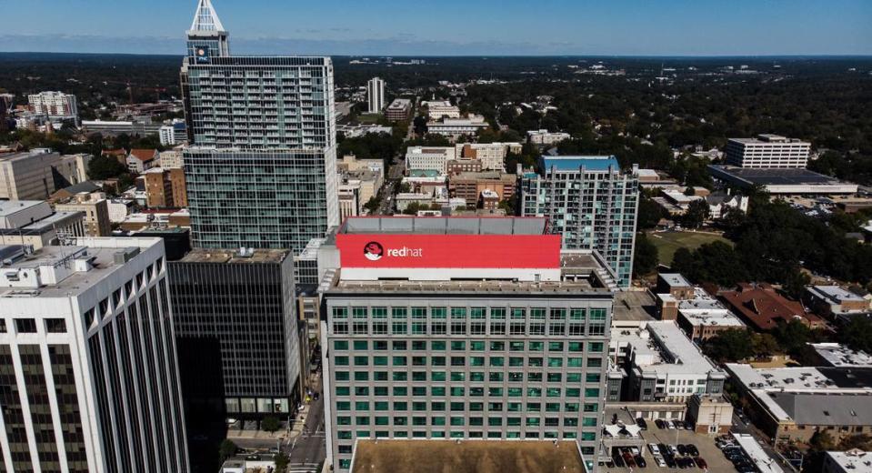 Aerial view of Red Hat headquarters in downtown Raleigh Monday, Oct. 29, 2018. IBM will acquire the Raleigh-based software maker in a $34 billion deal, the two companies announced Sunday.