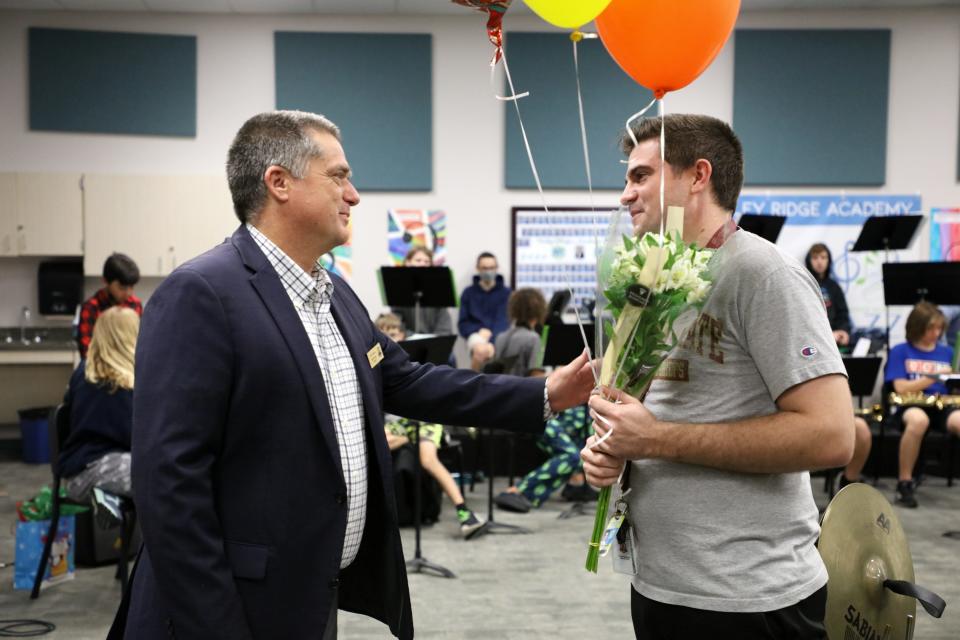 St. Johns County School District Superintendent Tim Forson (left) is pictured with finalist Andrew Burk, band director at Valley Ridge Academy.