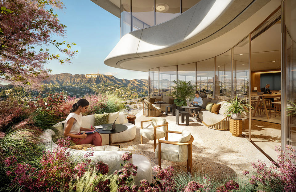 One of the outdoor work areas with a view of the Hollywood sign at The Star by Foster + Partners 