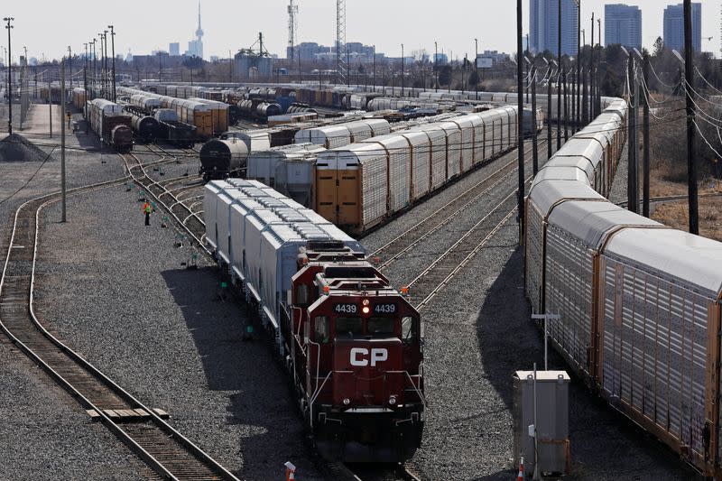 A CP Rail locomotive backs into position at the company's Toronto Yard in Scarborough