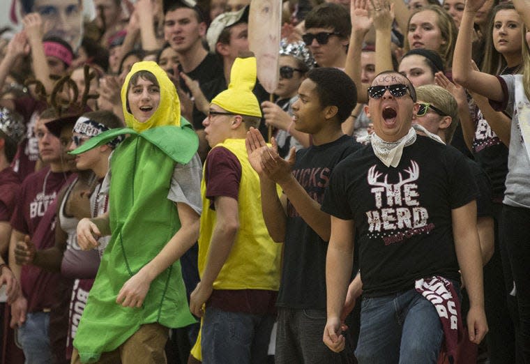 Buchanan student fans cheer on the Bucks as they also compete in the MHSAA Battle of the Fans competition during the boy's basketball game between Buchanan and Brandywine on Friday, Jan. 17, 2014, at Buchanan High School in Buchanan. SBT Photo/ROBERT FRANKLIN