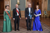 FILE - From left, Sweden's Queen Silvia, King Carl Gustaf, German President Frank-Walter Steinmeier and his wife Elke Buedenbender pose for a photo before a State Banquet at the Royal Palace in Stockholm, Tuesday, Sept. 7 2021. (Anders Wiklund/TT News Agency via AP, File)
