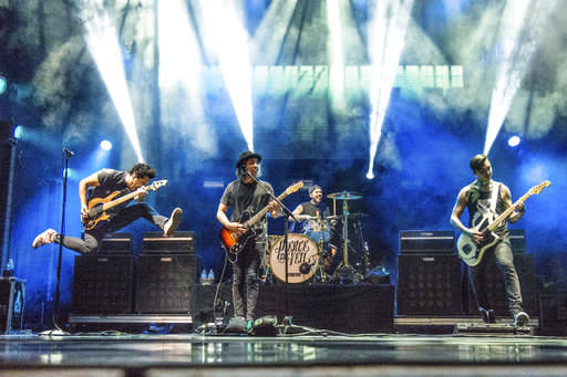 Jaime Preciado, from left, Vic Fuentes, Mike Fuentes and Tony Perry of Pierce The Veil seen at 2017 Alternative Press Music Awards