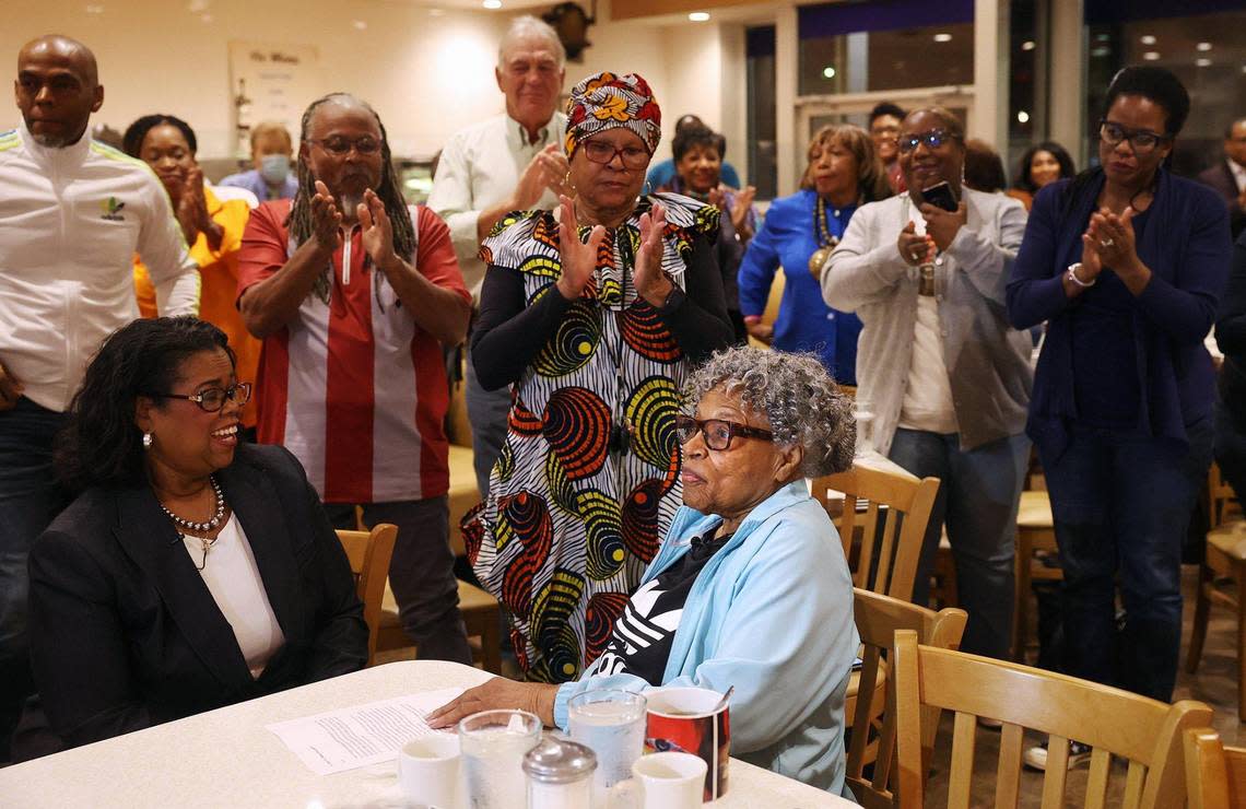 Family and friends applaud Opal Lee following the announcement of the 2022 recipients of the Nobel Peace Prize on Friday, Oct. 7, 2022, in Fort Worth. Lee, regarded as the grandmother of Juneteenth, was nominated but did not receive the Nobel Peace Prize.