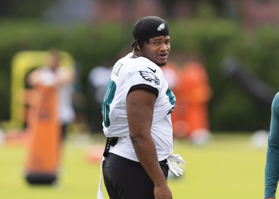 Aug 3, 2023; Philadelphia, PA, USA; Philadelphia Eagles defensive tackle Jalen Carter during practice at Novacare Complex. Mandatory Credit: Bill Streicher-USA TODAY Sports