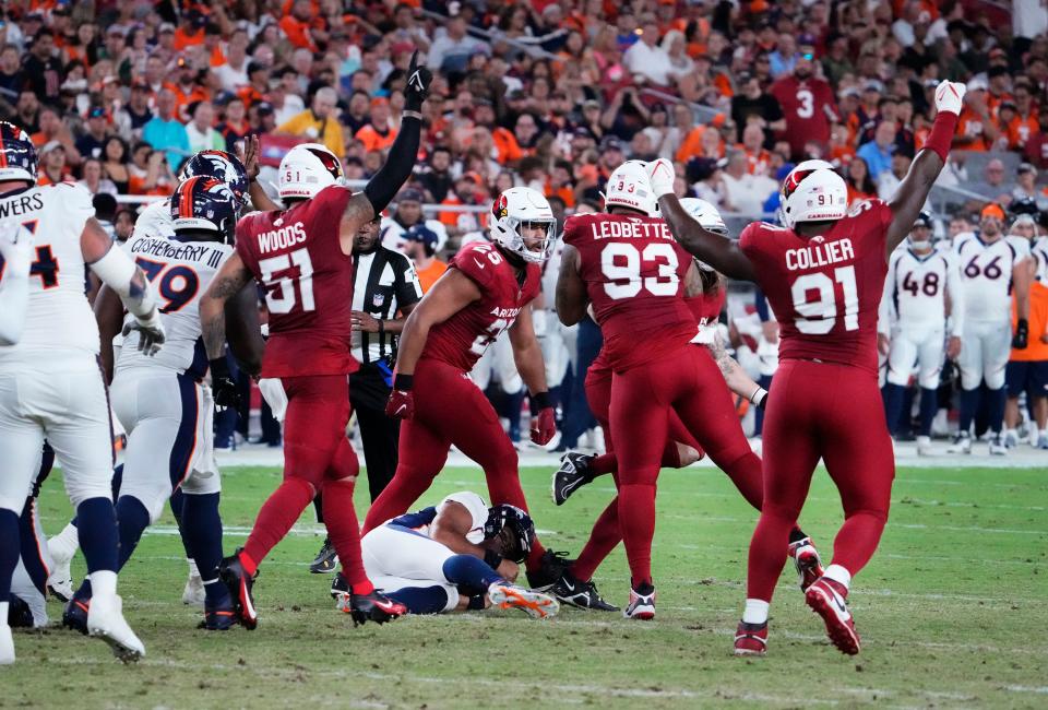 Denver Broncos quarterback Russell Wilson (3) is sacked by the Arizona Cardinals during a preseason game at State Farm Stadium in Glendale on Aug. 11, 2023