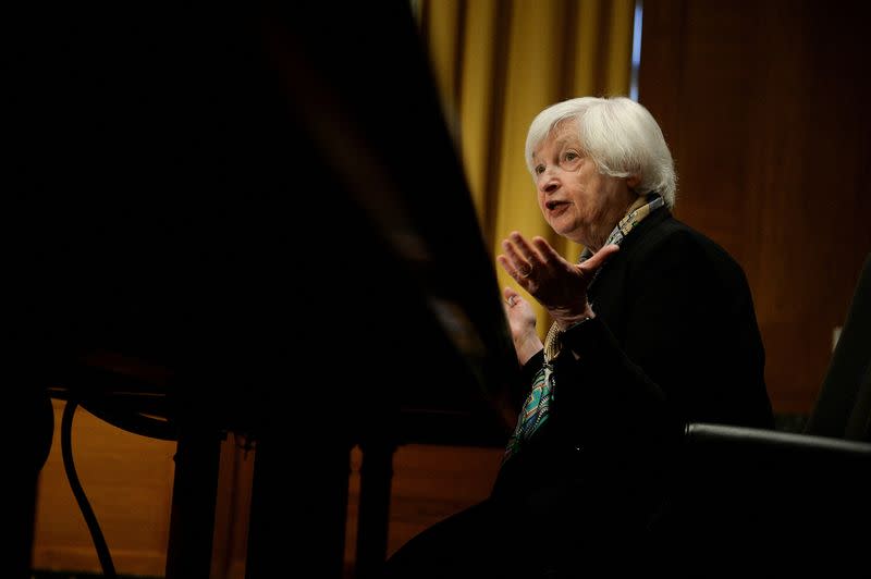 FILE PHOTO: U.S. Treasury Secretary Janet Yellen testifies before Senate panel, on Capitol Hill in Washington