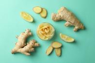 <p>Ginger provides <a href="https://www.goodhousekeeping.com/health/diet-nutrition/a46886/health-benefits-of-ginger/" rel="nofollow noopener" target="_blank" data-ylk="slk:loads of health benefits;elm:context_link;itc:0;sec:content-canvas" class="link ">loads of health benefits</a>. Not only does it have antioxidant and anti-inflammatory properties, it’s also a natural diuretic. On top of that, ginger has been shown to improve digestion by helping food to move through the gut at a quicker pace which reduces gas and bloating. Ginger tea is a quick and popular way to add it into your diet. You can also put it in smoothies, soup or salad dressing.</p>