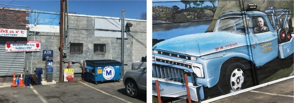 Before and after: A new mural on the wall of the former Scavo's Auto Body on Willard Street in Quincy.