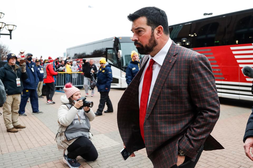 Ohio State head coach Ryan Day arrives before the game between Michigan and Ohio State at Michigan Stadium in Ann Arbor on Saturday, Nov. 27, 2021.