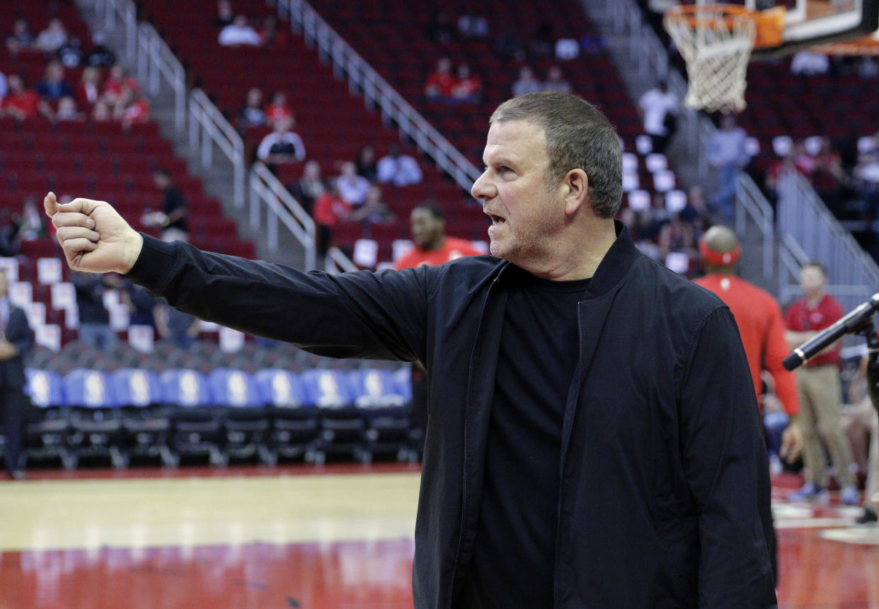 New Houston Rockets owner Tilman Fertitta before the start of an NBA preseason basketball game against the San Antonio Spurs Friday, Oct. 13, 2017, in Houston. (AP Photo/Michael Wyke)