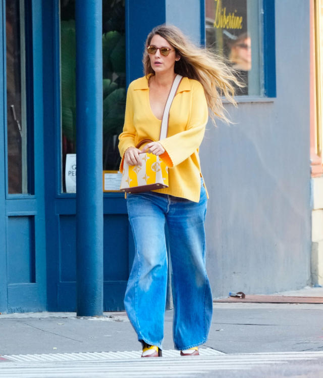 Blake Lively Embraces a '70s Vibe with Collared Yellow Sweater and Flared  Jeans